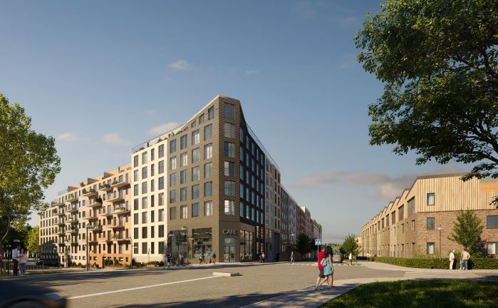 Vy över flerfamiljshus och radhus från Armégatan.JPG